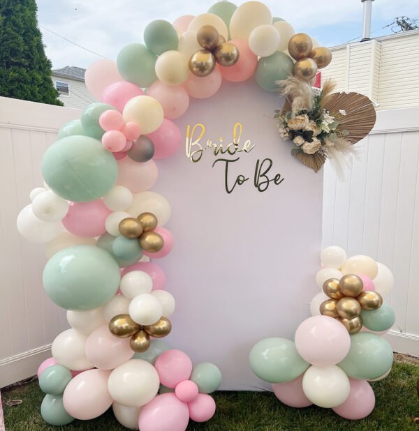 Single Custom Wall Panel Backdrop with Balloon Garland Package Bride to Be The Brat Shack
