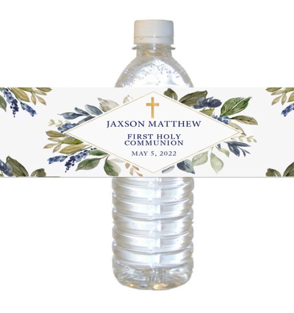 Blue green foliage boy First Holy Communion Water Bottle Label The brat shack